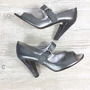 GIUSEPPE ZANOTTI Mary Jane Peep Toe Heels Metallic Silver  7